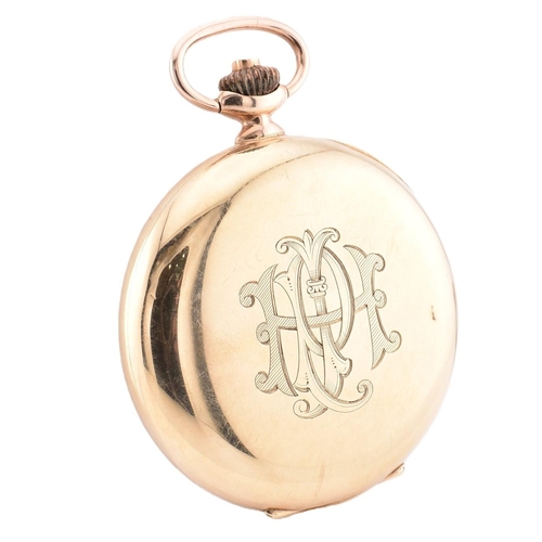 7 - A hallmarked 9ct gold Omega twin dial chronograph pocket watch. The Omega pocket watch having Arabic... 