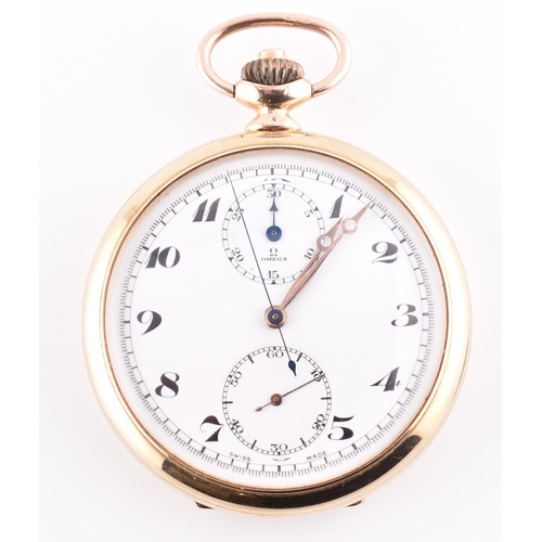 7 - A hallmarked 9ct gold Omega twin dial chronograph pocket watch. The Omega pocket watch having Arabic... 