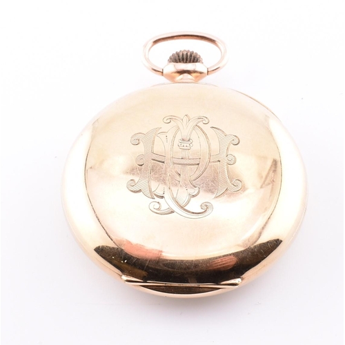 7 - A hallmarked 9ct gold Omega twin dial chronograph pocket watch. The Omega pocket watch having Arabic... 