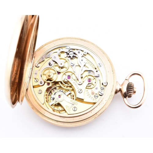 7 - A hallmarked 9ct gold Omega twin dial chronograph pocket watch. The Omega pocket watch having Arabic... 