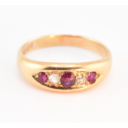 70 - An Edwardian hallmarked 18ct gold, ruby? and diamond? boat ring. The 18ct yellow gold ring set with ... 