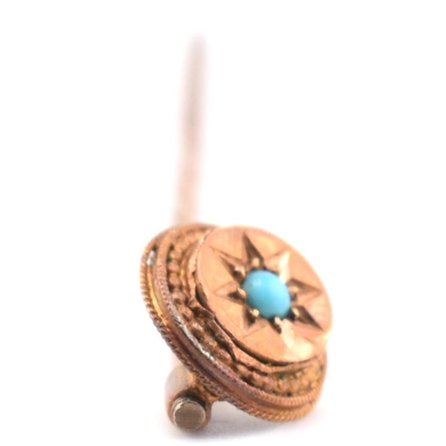 93 - A Victorian 15ct gold and turquoise stick pin. The Victorian 15ct rose gold stick pin having a singl... 