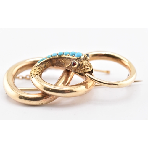 20 - A 19th-century gold and turquoise snake brooch pin. The gold brooch pin in the form of a ouroboros s... 