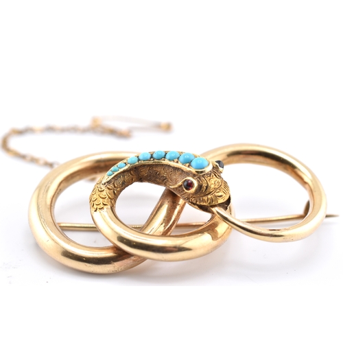 20 - A 19th-century gold and turquoise snake brooch pin. The gold brooch pin in the form of a ouroboros s... 