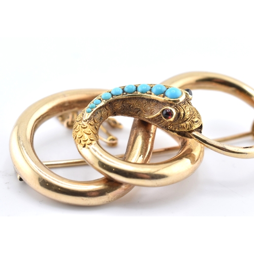 20 - A 19th-century gold and turquoise snake brooch pin. The gold brooch pin in the form of a ouroboros s... 