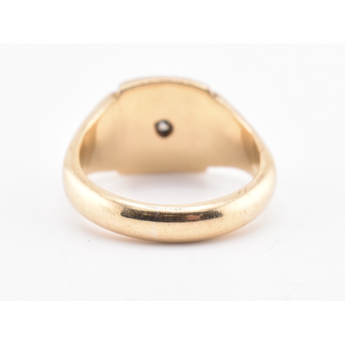 116 - A hallmarked 9ct gold and diamond signet ring. The signet ring having a square head set with a singl... 