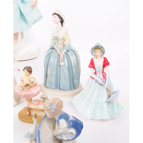 101 - Collection of 20th century porcelain and resin figurines, including examples from Lladro, Dresden, S... 