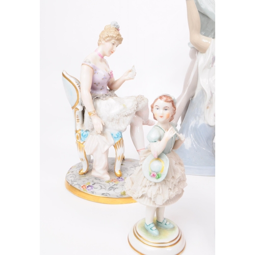 101 - Collection of 20th century porcelain and resin figurines, including examples from Lladro, Dresden, S... 