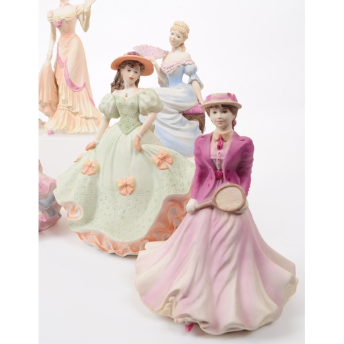 113 - Coalport - A collection of nine late 20th century 1990s bisque porcelain lady figurines. Examples in... 