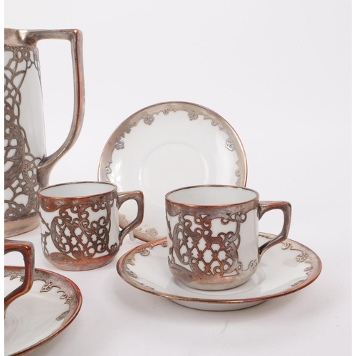 149 - Continental 20th century art nouveau style silver metal overlaid porcelain tea service complete with... 