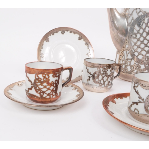 149 - Continental 20th century art nouveau style silver metal overlaid porcelain tea service complete with... 