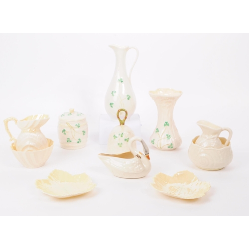 150 - Collection of Belleek Irish cream glazed porcelain pieces with green and black stamps to include jug... 