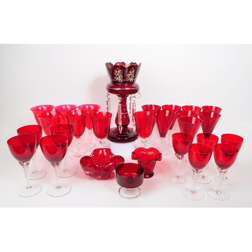 151 - Large collection of 20th century ruby / cranberry glasses, goblets, Murano style bowl and lustre vas... 