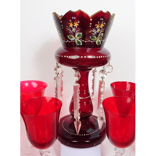 151 - Large collection of 20th century ruby / cranberry glasses, goblets, Murano style bowl and lustre vas... 