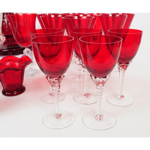 151 - Large collection of 20th century ruby / cranberry glasses, goblets, Murano style bowl and lustre vas... 