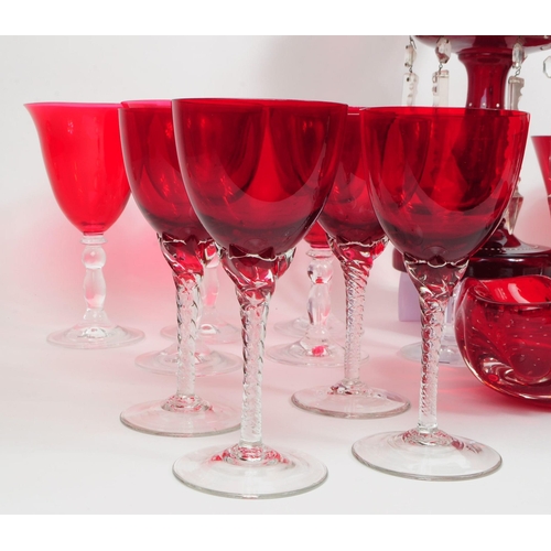 151 - Large collection of 20th century ruby / cranberry glasses, goblets, Murano style bowl and lustre vas... 