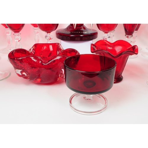 151 - Large collection of 20th century ruby / cranberry glasses, goblets, Murano style bowl and lustre vas... 