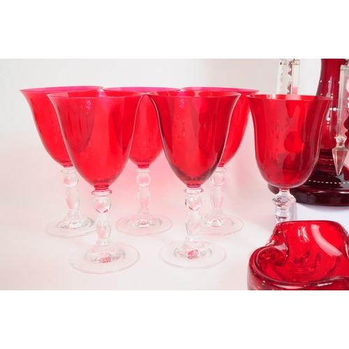 151 - Large collection of 20th century ruby / cranberry glasses, goblets, Murano style bowl and lustre vas... 