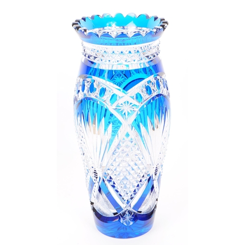 193 - Val Saint Lambert - Art deco blue flash cut glass large crystal vase in blue and transparent colourw... 