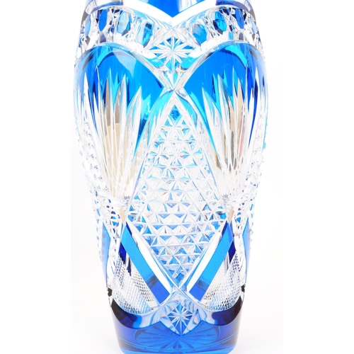 193 - Val Saint Lambert - Art deco blue flash cut glass large crystal vase in blue and transparent colourw... 