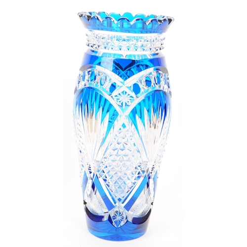 193 - Val Saint Lambert - Art deco blue flash cut glass large crystal vase in blue and transparent colourw... 