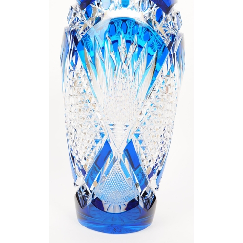 193 - Val Saint Lambert - Art deco blue flash cut glass large crystal vase in blue and transparent colourw... 