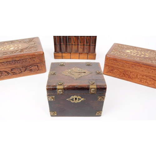 373 - A collection of four 20th century carved wooden trinket / jewllery boxes. Including a small brass ba... 