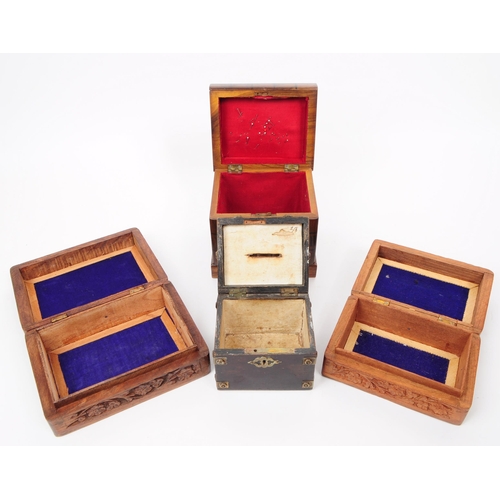 373 - A collection of four 20th century carved wooden trinket / jewllery boxes. Including a small brass ba... 