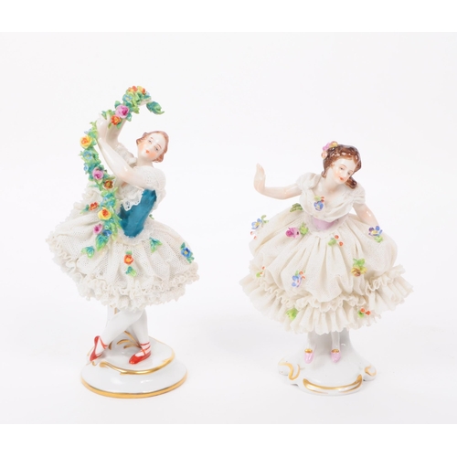 59 - Volkstedt Rudolstadt - Two mid century porcelain dancing lady figurines, both decorated with lace dr... 