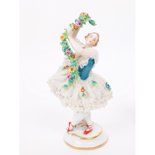 59 - Volkstedt Rudolstadt - Two mid century porcelain dancing lady figurines, both decorated with lace dr... 