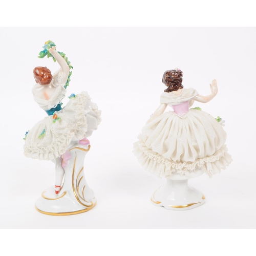 59 - Volkstedt Rudolstadt - Two mid century porcelain dancing lady figurines, both decorated with lace dr... 