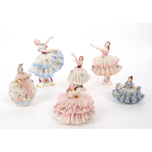 61 - Six vintage 20th century Dresden German porcelain dancing ladies figurines, decorated in lace dresse... 