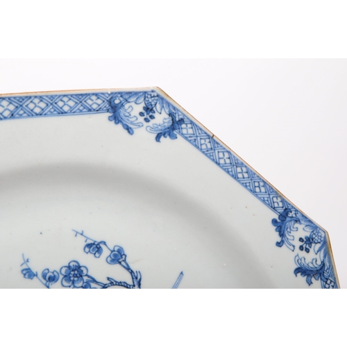 8 - An 18th century Chinese export blue and white porcelain octagonal plate, featuring a transfer design... 