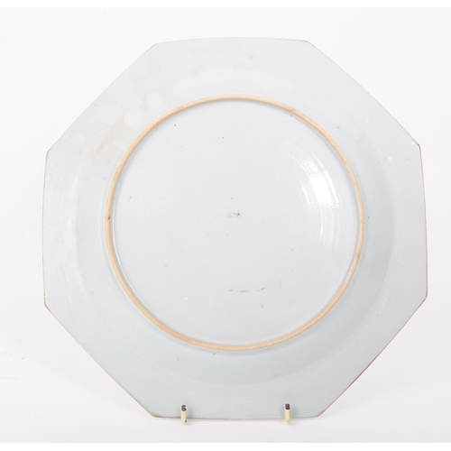 8 - An 18th century Chinese export blue and white porcelain octagonal plate, featuring a transfer design... 