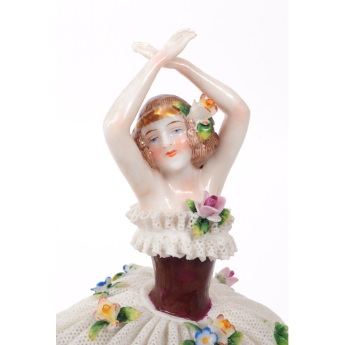 80 - Sitzendorf - 20th century German porcelain lady dancer figure. Featured in a lace dress encrusted wi... 