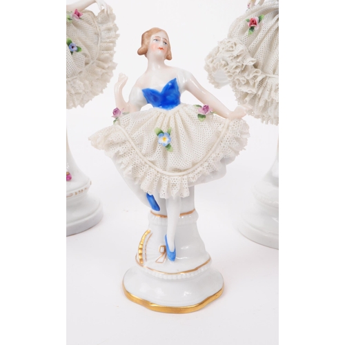 90 - Dresden - Three 20th century German porcelain lady figurines, dressed in lace skirts and encrusted h... 