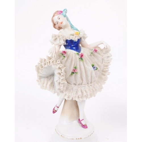 90 - Dresden - Three 20th century German porcelain lady figurines, dressed in lace skirts and encrusted h... 