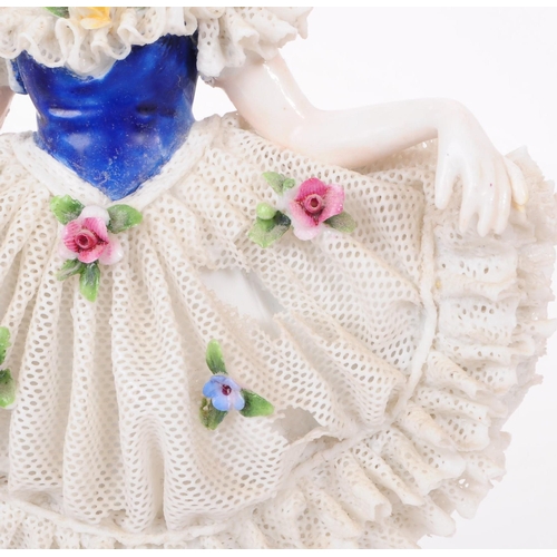 90 - Dresden - Three 20th century German porcelain lady figurines, dressed in lace skirts and encrusted h... 