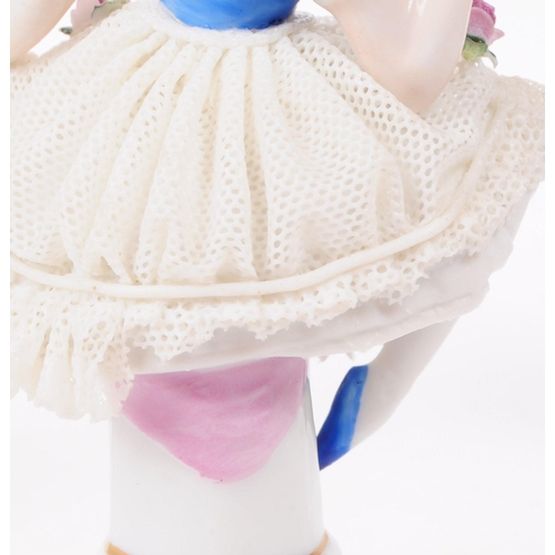 90 - Dresden - Three 20th century German porcelain lady figurines, dressed in lace skirts and encrusted h... 