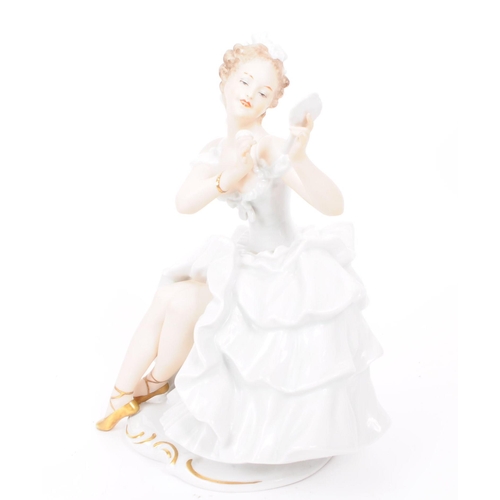 92 - Wallendorf - Late 20th century German porcelain seated dancer / Ballerina figure holding a mirror. H... 