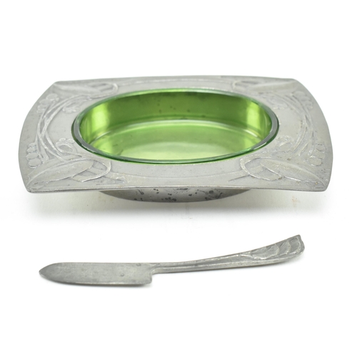 10 - Archibald Knox for Liberty and Co. - a Tudric English Pewter & green glass butter dish, together... 