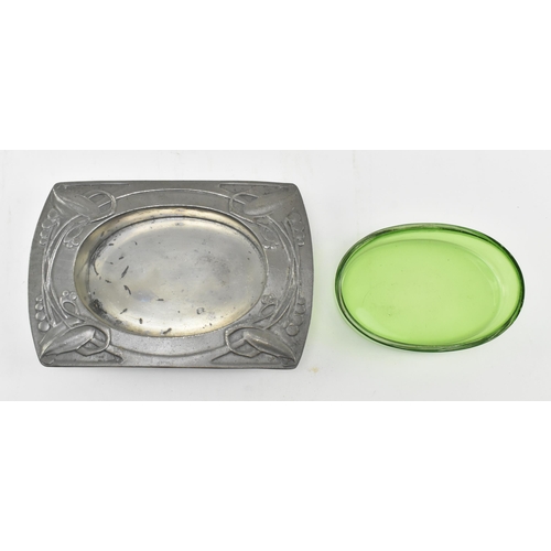 10 - Archibald Knox for Liberty and Co. - a Tudric English Pewter & green glass butter dish, together... 