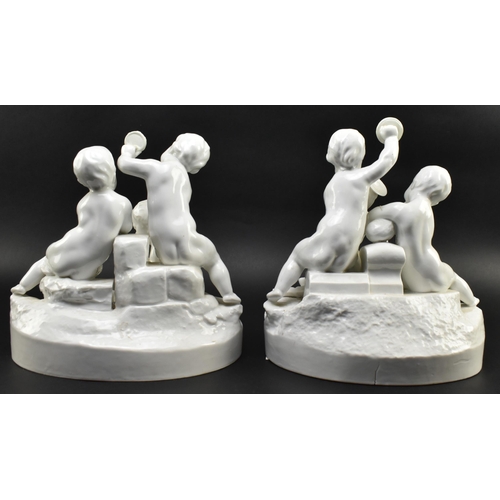 112 - A pair of 19th century French blanc de chine ceramic figurine scenes. Each depicting a scene of thre... 