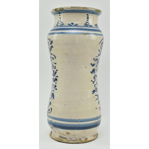 120 - An early 18th century circa 1720 Spanish or Catalan albarelli apothecary jar. The stoneware jar of w... 