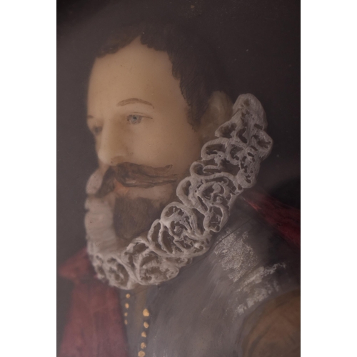 13 - A 19th century Victorian wax portrait of Sir Walter Raleigh, framed & glazed. The portrait depic... 