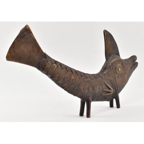 140 - A 19th century tribal West African Benin bronze fish sculpture. The fish depicting with open elongat... 