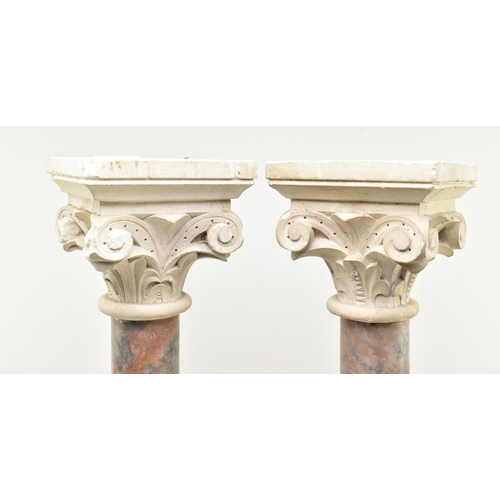 147 - A pair of early 20th century marble and stone classical columns. Each having carved stone tops with ... 