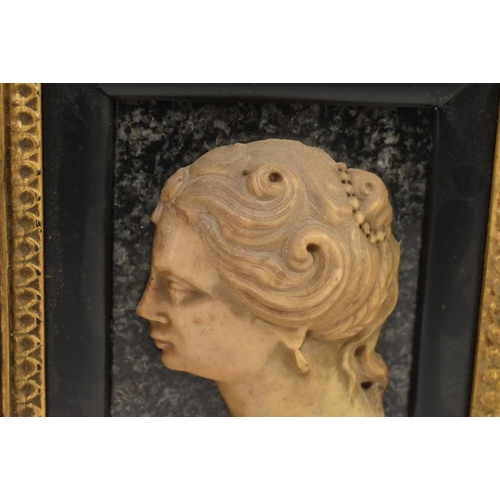 162 - An early 19th century Neoclassical composite marble bust profile of a maiden. The lady depicting wit... 