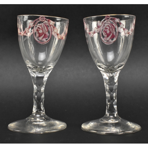 25 - A rare pair of late 18th century c1790 Jacobite wine glasses. Each wine glass with funnel bowl, gilt... 