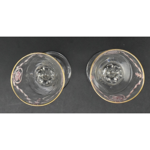 25 - A rare pair of late 18th century c1790 Jacobite wine glasses. Each wine glass with funnel bowl, gilt... 